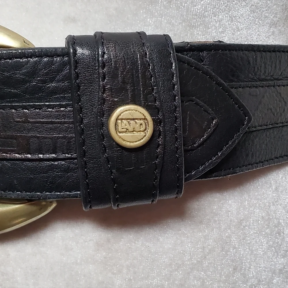 70s Vintage Land Black Copper Aztec Leather Brass Buckle Boho Statement Belt S